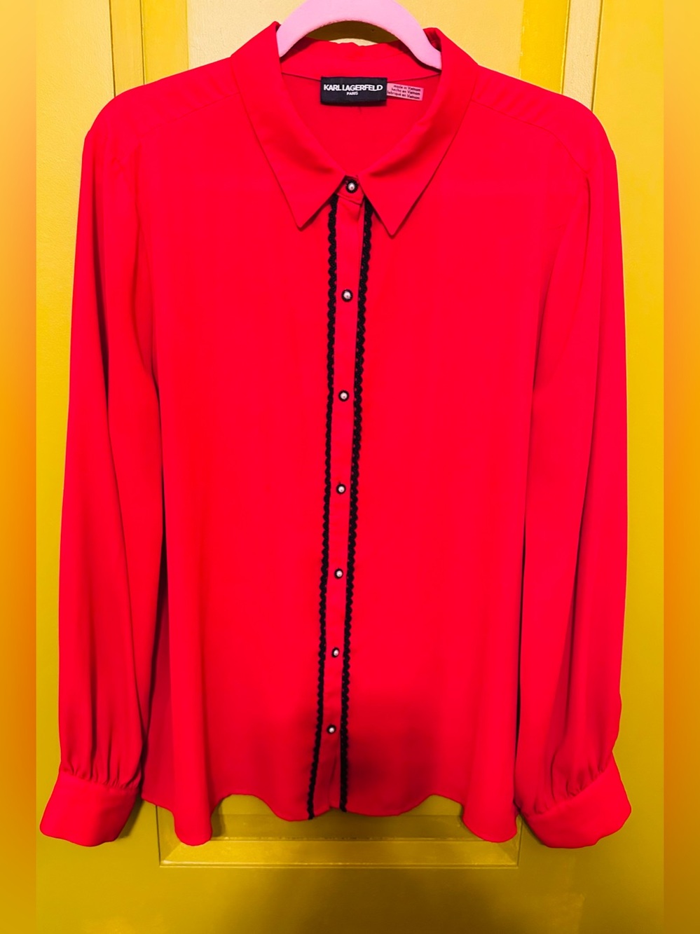 Karl Lagerfeld Red Long-Sleeve Button-Down Blouse with Black Trim